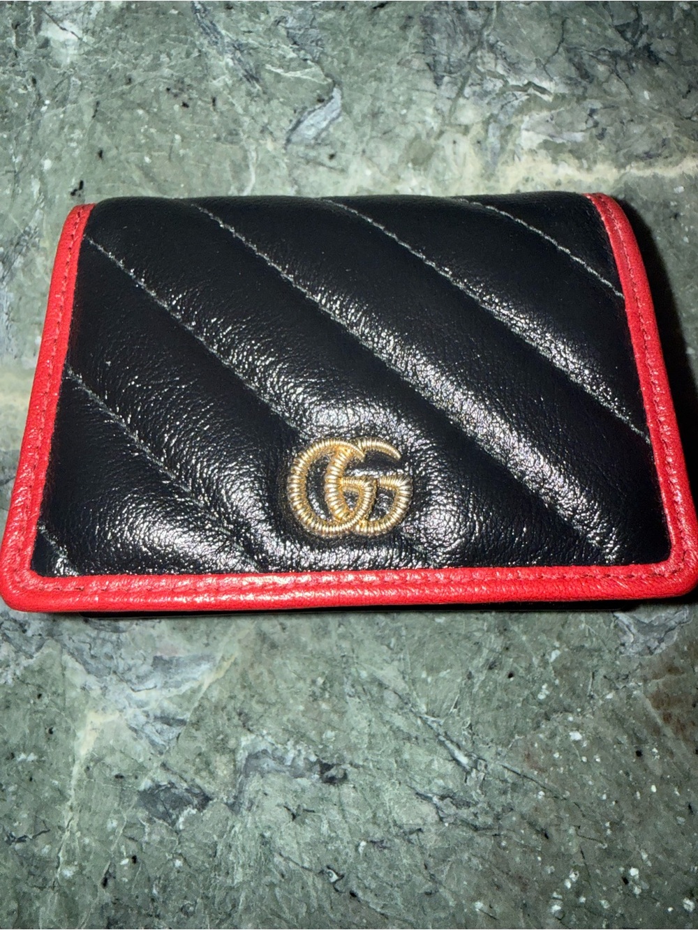 Gucci Black Quilted Leather Card Holder with Red Trim and Gold GG Wallet